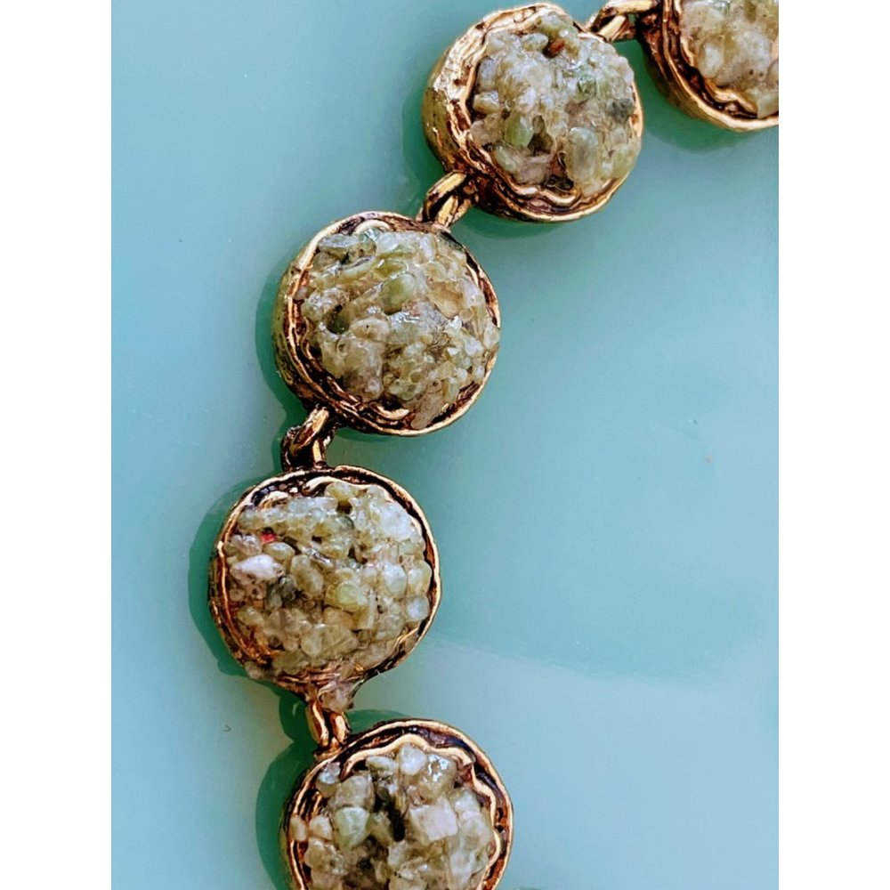 Vintage Green pebble stone Link bracelet Gold tone - Picture 2 of 10